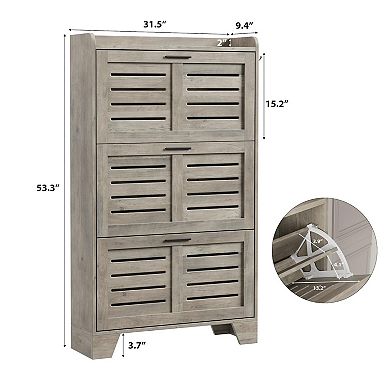 ANIXOL 3-Tier Slim Shoe Cabinet with Louvered Flip Doors & Side Hooks