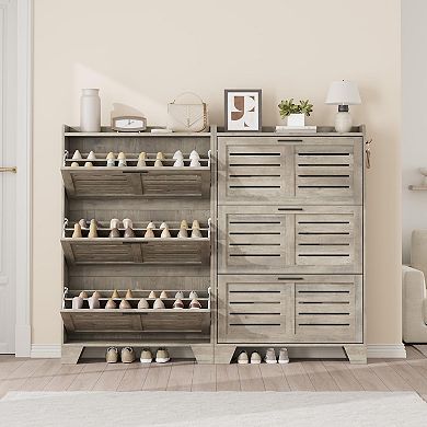 ANIXOL 3-Tier Slim Shoe Cabinet with Louvered Flip Doors & Side Hooks