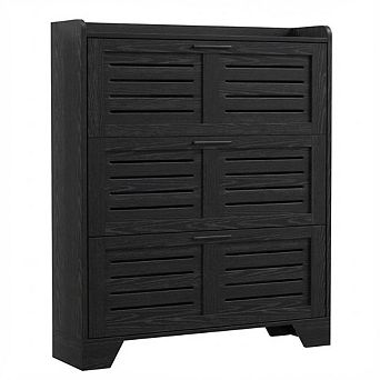3 tier Slim Shoe Cabinet with Louvered Flip Doors & Side Hooks