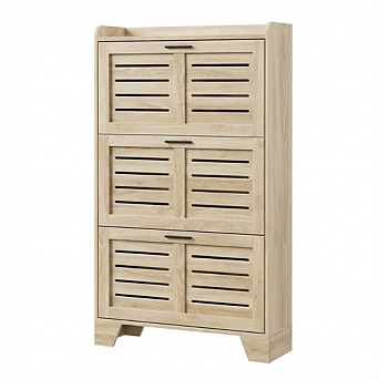 3 tier Slim Shoe Cabinet with Louvered Flip Doors & Side Hooks