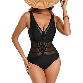 Women's One Piece Swimsuits Mesh Tummy Control V Neck Bathing Suits Slimming Summer Beach Swimwear