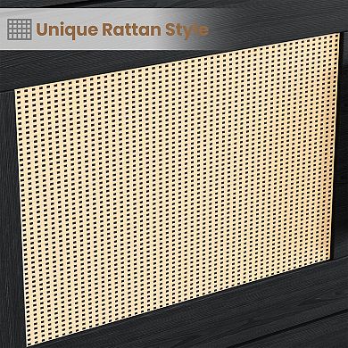 ANIXOL 5-Tier Tall Bookcase with Rattan Doors and Open Shelves