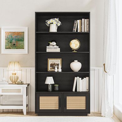 ANIXOL 5-Tier Tall Bookcase with Rattan Doors and Open Shelves