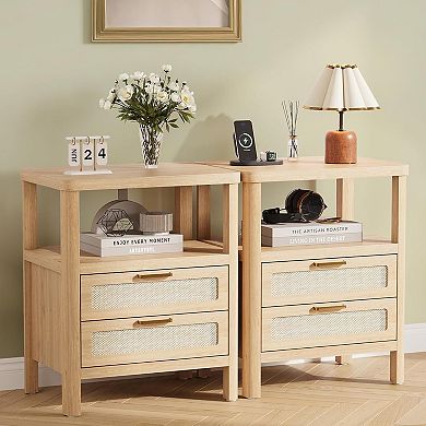 1 Pair Nightstands Rattan Nightstand Farmhouse Bedside Table Wood Shelf Narrow Side Table