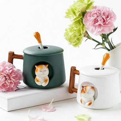 3D Cat Mug with Lid & Spoon Cute Ceramic Gift for Coffee Tea,14 ounces