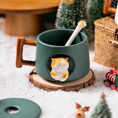 3D Cat Mug with Lid & Spoon Cute Ceramic Gift for Coffee Tea,14 ounces