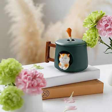 3D Cat Mug with Lid & Spoon Cute Ceramic Gift for Coffee Tea,14 ounces