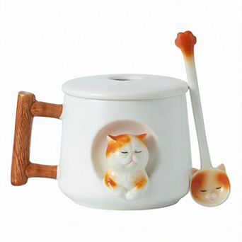 3D Cat Mug with Lid & Spoon Cute Ceramic Gift for Coffee Tea,14 ounces