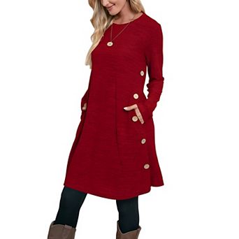 Womens Crew Neck Tunic Dress with Side Buttons