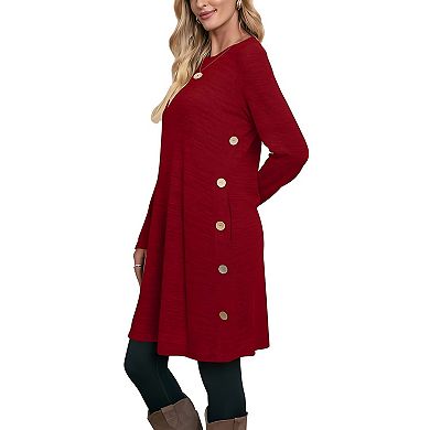 Womens Crew Neck Tunic Dress with Side Buttons