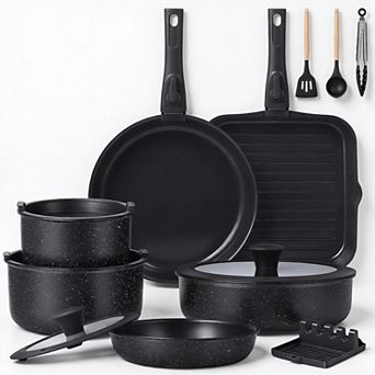 Black Ceramic Nonstick Stackable Cookware Set with Detachable Handle