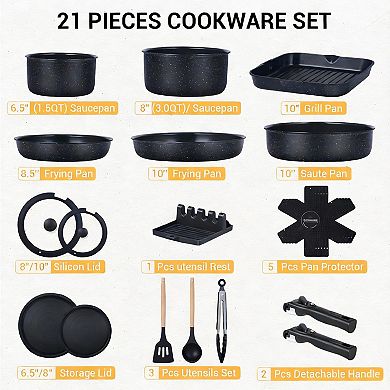Black Ceramic Nonstick Stackable Cookware Set with Detachable Handle