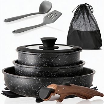 Black Removable Handle Induction Cookware Set 10 pc Nonstick Granite Stackable