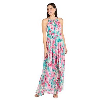 Women's R&M Richards Long Halter Floral Printed Chiffon Dress