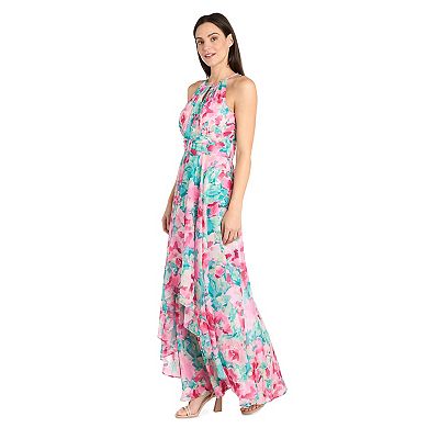 Women's R&M Richards Long Halter Floral Printed Chiffon Dress