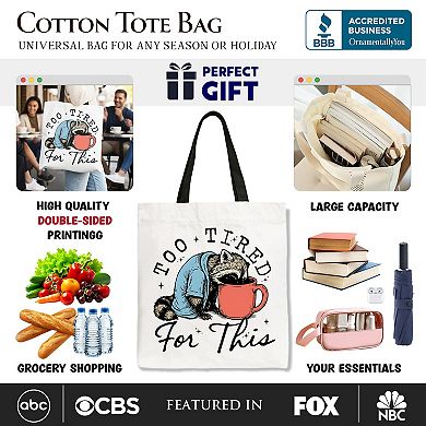 Too Tired For This Funny Raccoon Canvas Tote Bag, Retro Snarky Coffee Printed Gift Bag