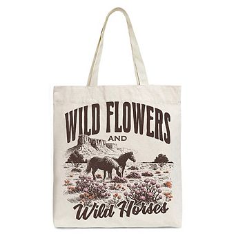 Wild Flowers and Wild Horses Canvas Tote Bag, Retro Western Gift for Free-Spirited Women