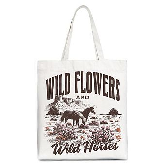 Wild Flowers and Wild Horses Canvas Tote Bag, Retro Western Gift for Free-Spirited Women