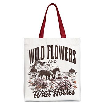 Wild Flowers and Wild Horses Canvas Tote Bag, Retro Western Gift for Free-Spirited Women