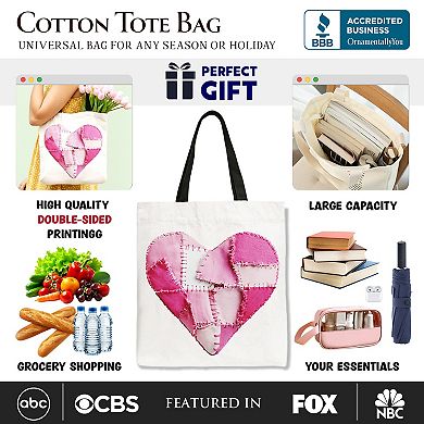 Patchwork-Style Pink Heart Canvas Tote Bag, Vintage Valentine Coquette Love Printed Gift Bag