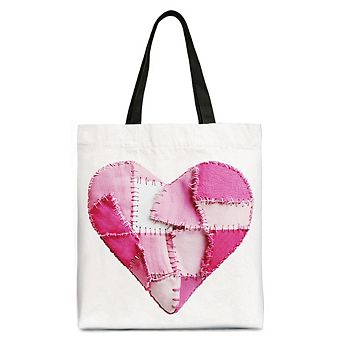 Patchwork-Style Pink Heart Canvas Tote Bag, Vintage Valentine Coquette Love Printed Gift Bag
