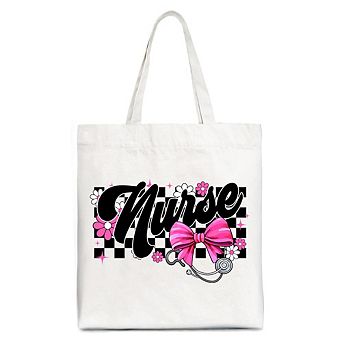 Nurse Floral Coquette Pink Bow Canvas Tote Bag, Retro Stethoscope Checkered Coworker Gift