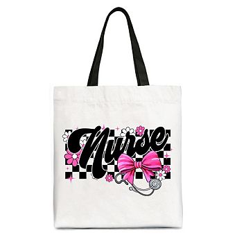 Nurse Floral Coquette Pink Bow Canvas Tote Bag, Retro Stethoscope Checkered Coworker Gift
