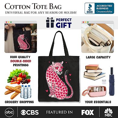 Pink Leopard Valentine Canvas Tote Bag, Cute Hearts Reusable Urban Bag