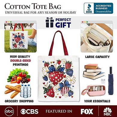 Patriotic Boho Strawberries Bouquet Canvas Tote Bag, 4th of July Festive Patch Gift