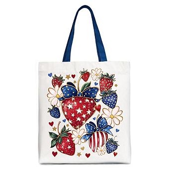 Patriotic Boho Strawberries Bouquet Canvas Tote Bag, 4th of July Festive Patch Gift