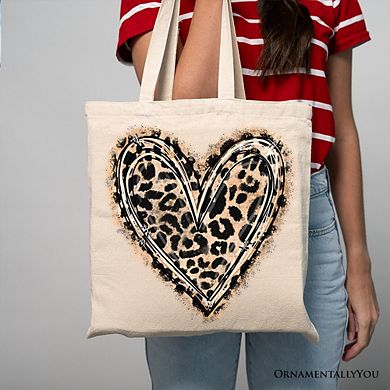 Leopard Heart Valentine Canvas Tote Bag, Love Design Shopper