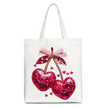 Sequin Pink Cherry Heart Canvas Tote Bag, Valentine Coquette Trendy Women Gift