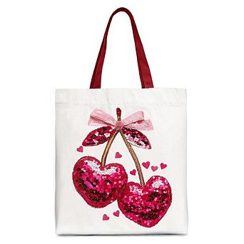 Sequin Pink Cherry Heart Canvas Tote Bag, Valentine Coquette Trendy Women Gift