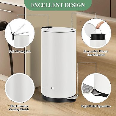 8 Gallon Step Trash Can, Round Bathroom Garbage Can with Lid and Foot Pedal, with Inner Bucket