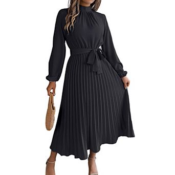 Women Pleated Dress Long Sleeve Stand Up Collar A-Line Flowing Dress With Belt
