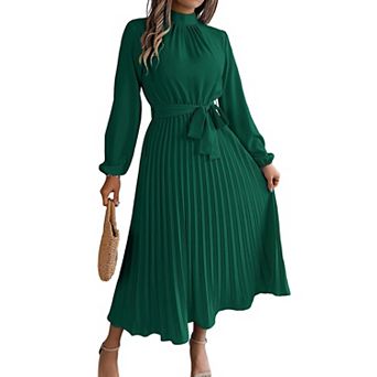 Women Pleated Dress Long Sleeve Stand Up Collar A-Line Flowing Dress With Belt