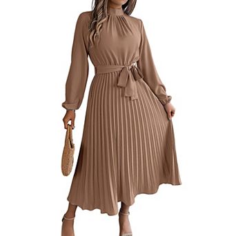Women Pleated Dress Long Sleeve Stand Up Collar A-Line Flowing Dress With Belt