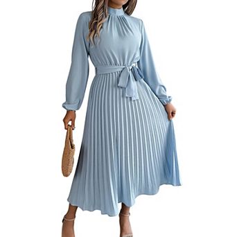 Women Pleated Dress Long Sleeve Stand Up Collar A-Line Flowing Dress With Belt