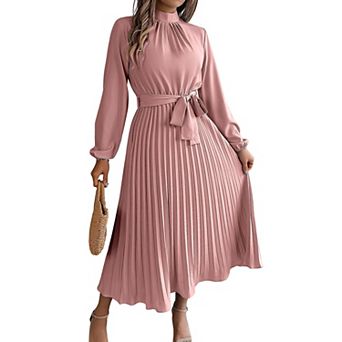 Women Pleated Dress Long Sleeve Stand Up Collar A-Line Flowing Dress With Belt