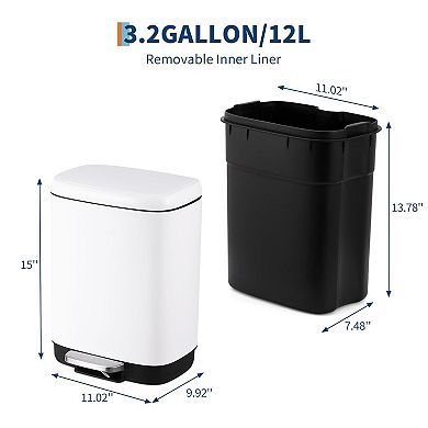 3.2Gal Bathroom Trash Can, Stainless Steel Garbage Can with Removable Inner Bucket,Foot Pedal