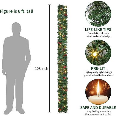 9FT 8-function 40 warm white lights with battery box Christmas red berry vine