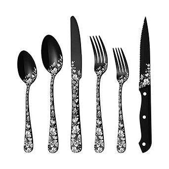 24 pc Black Floral Cutleries