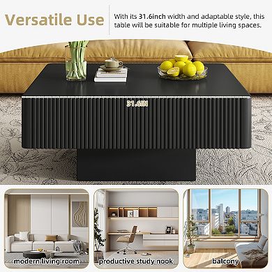 Whisen Square Coffee Table, Minimalist Fluted End Table with 7.1"Thick Tabletop