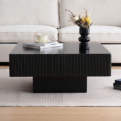 Whisen Square Coffee Table, Minimalist Fluted End Table with 7.1"Thick Tabletop