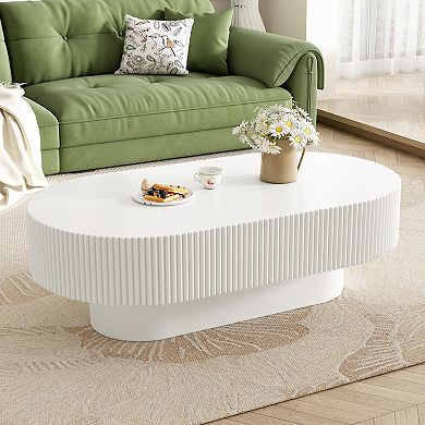 Whisen Oval Coffee Table, Minimalist Fluted End Table with 6.8"Thick Tabletop