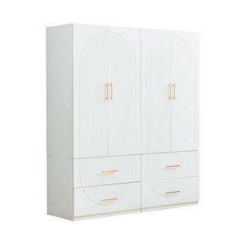 Tall 4 Doors 4 Drawers Wood Wardrobe Armoire Closet, Modern Freestanding Bedroom