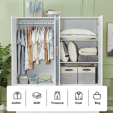 Tall 4 Doors 4 Drawers Wood Wardrobe Armoire Closet, Modern Freestanding Bedroom