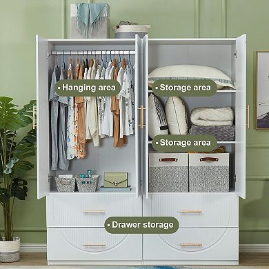 Tall 4 Doors 4 Drawers Wood Wardrobe Armoire Closet, Modern Freestanding Bedroom