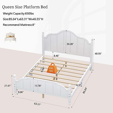 Vintage Wooden Platform Bed Frame with Wide Headboard and Slat Support No Box Spring Needed