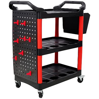 ELEMENT ACE Three Tier Rolling Mobile Utility Cart with Pegboard Panel and Tool Hooks